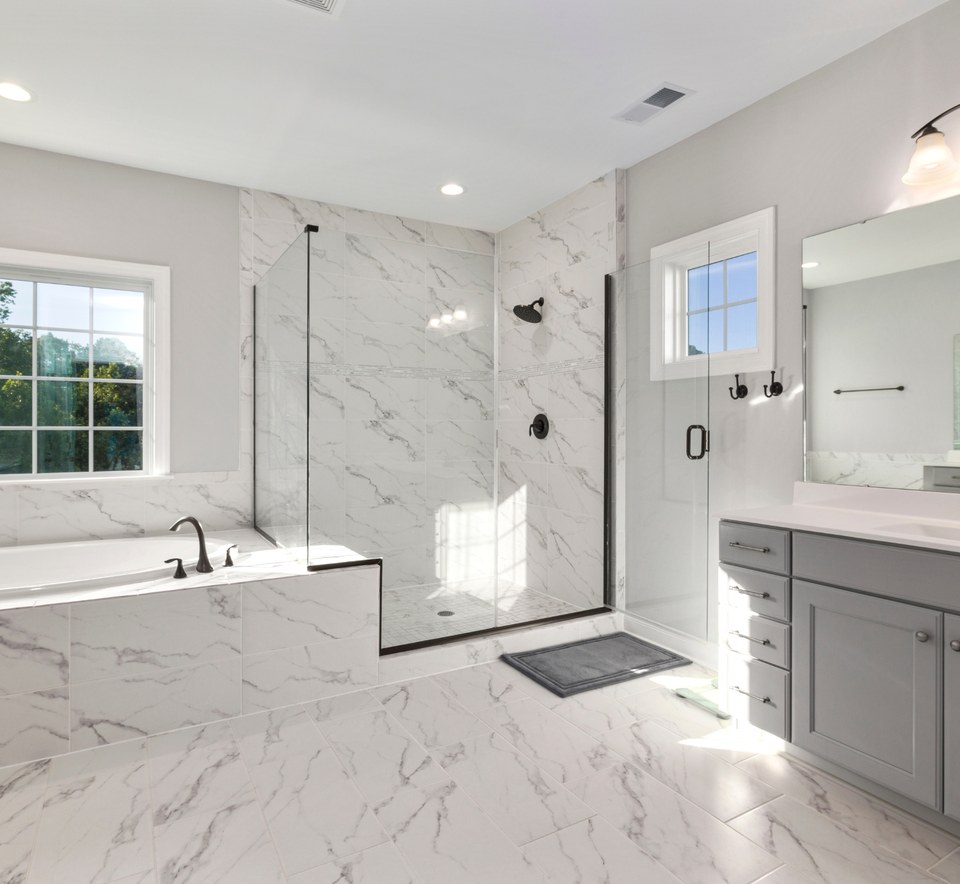 Clean white marble bathroom